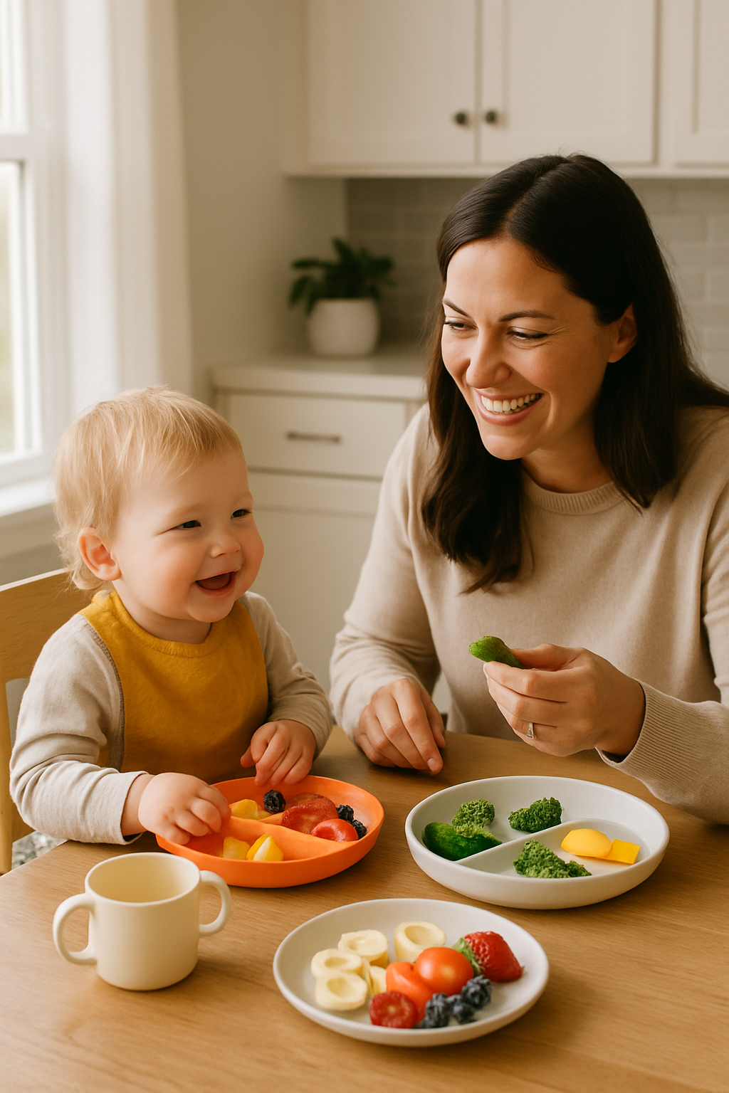 Warm family mealtime scene with a parent and toddler sharing colorful healthy foods at a bright kitchen table
