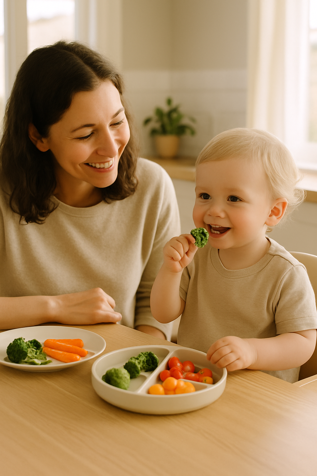 Parent and toddler sharing a calm mealtime with colorful healthy food in a bright home kitchen