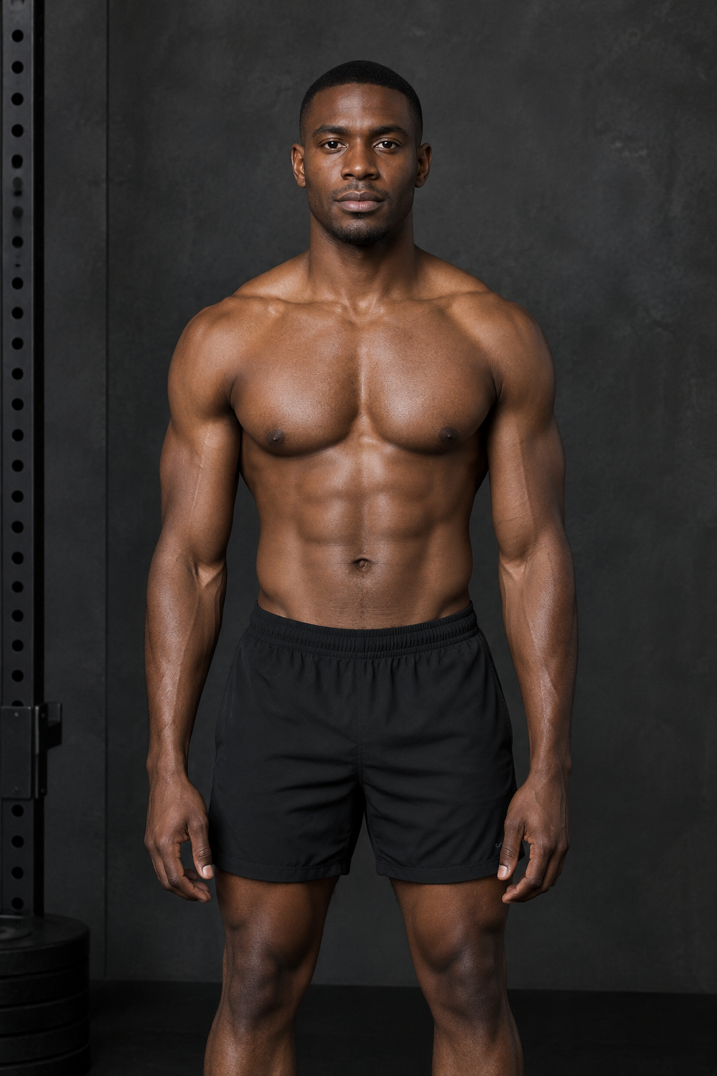After: the same man, Andre, with deep brown skin and close-cropped hair, front-facing in the same black training shorts and gym setting, appearing leaner and more muscular.