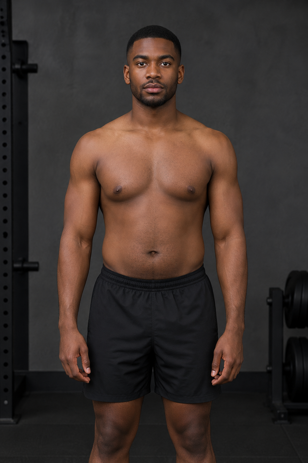 Before: Andre, a 29-year-old Black man with deep brown skin and close-cropped hair, photographed front-facing in black training shorts against a neutral gym wall.