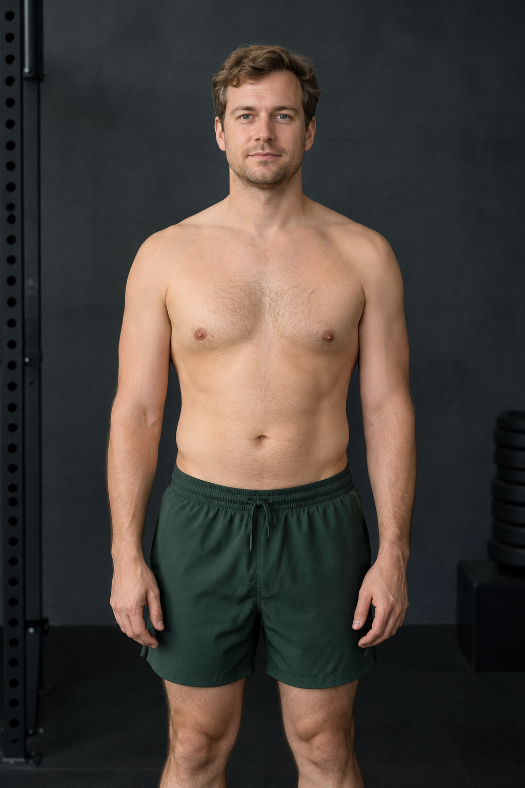 Before: Ethan, a 34-year-old light-skinned man with short, wavy light-brown hair, photographed front-facing in dark green training shorts against a neutral gym wall.