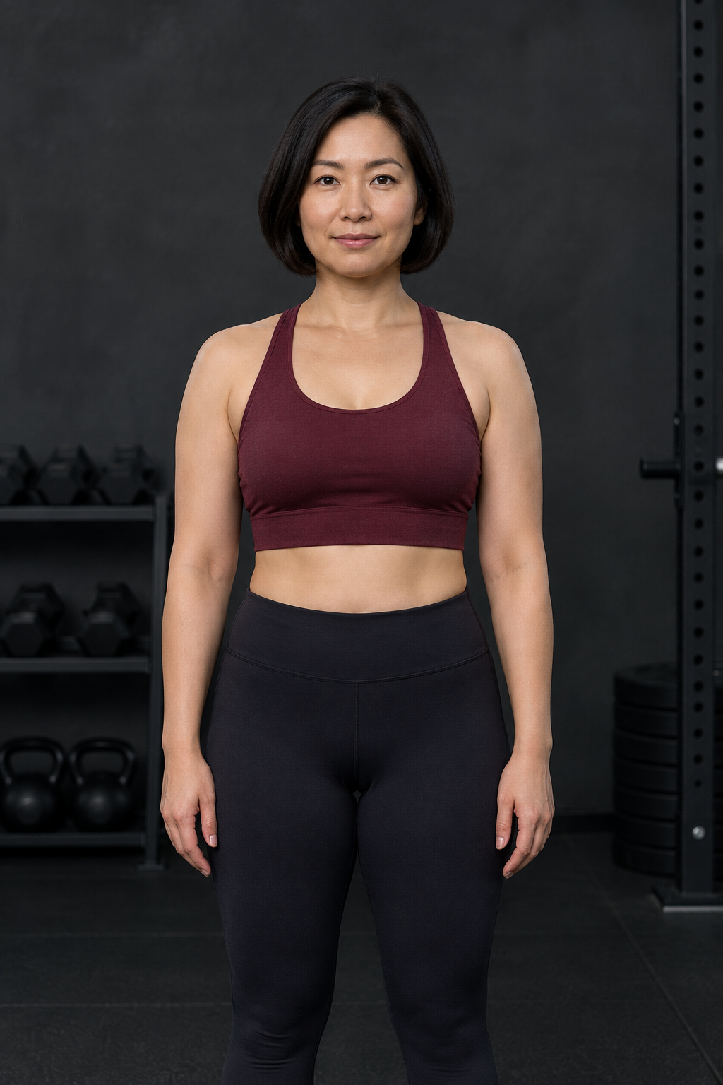 Before: Lena, a 38-year-old East Asian woman with a chin-length dark bob, photographed front-facing in a burgundy training top and dark leggings against a neutral gym wall.