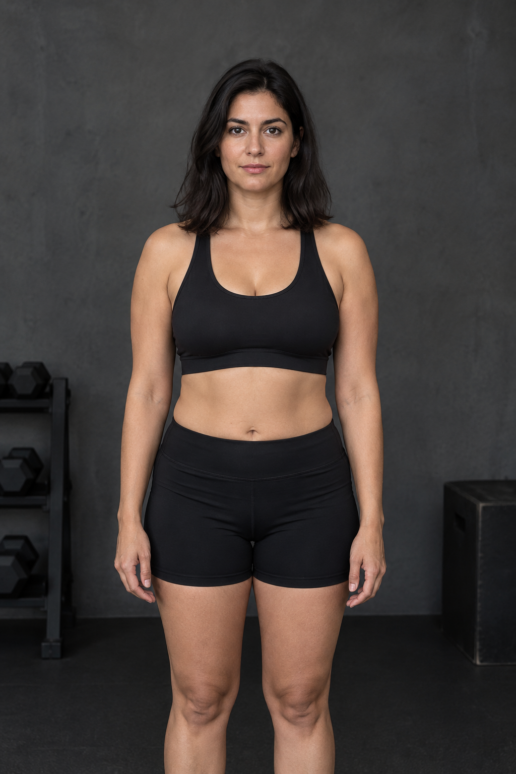 Before: Maya, a 31-year-old woman with olive skin and shoulder-length dark hair, photographed front-facing in simple black training wear against a neutral gym wall.