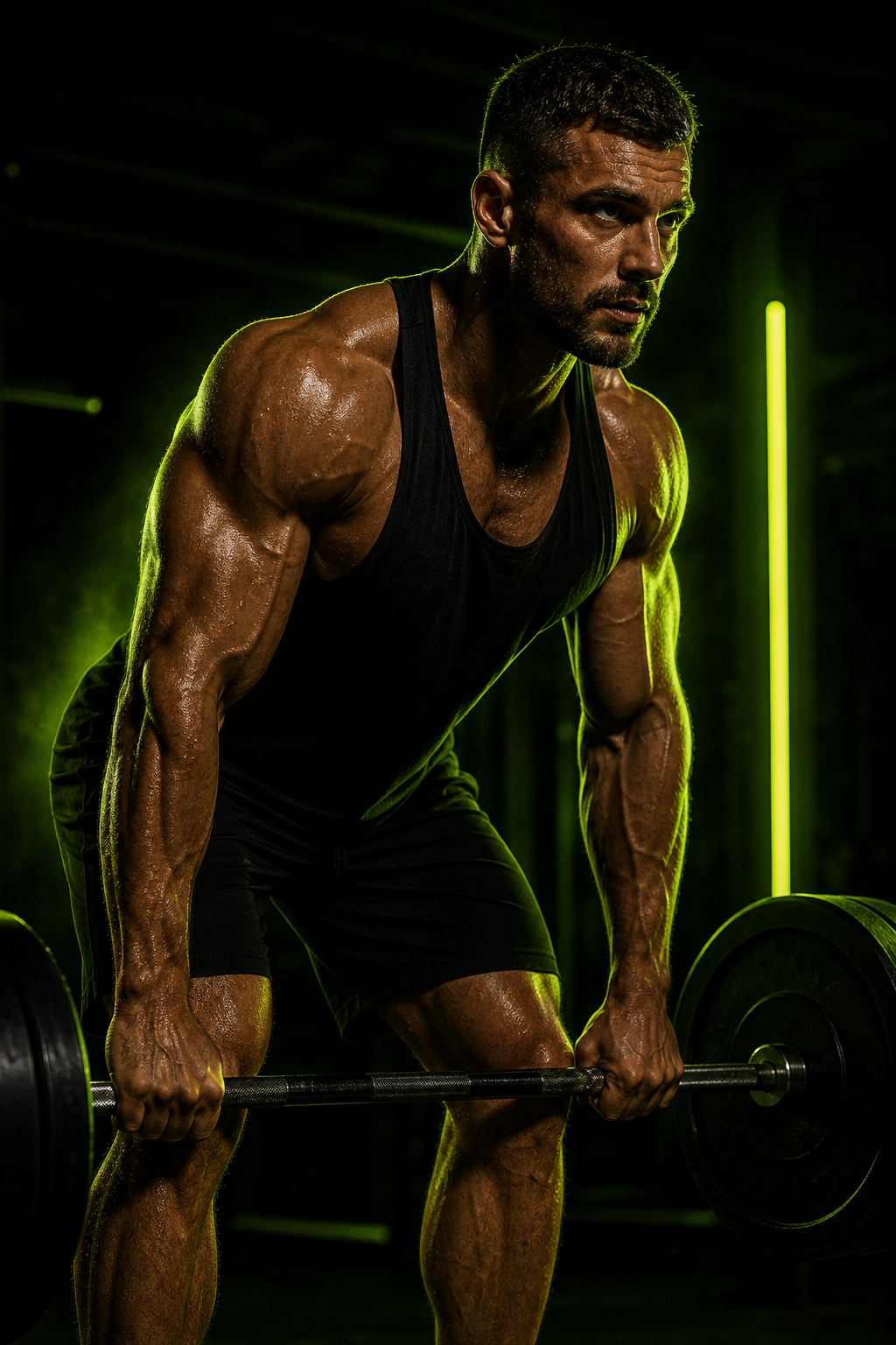 Athletic man mid-workout with lime rim lighting