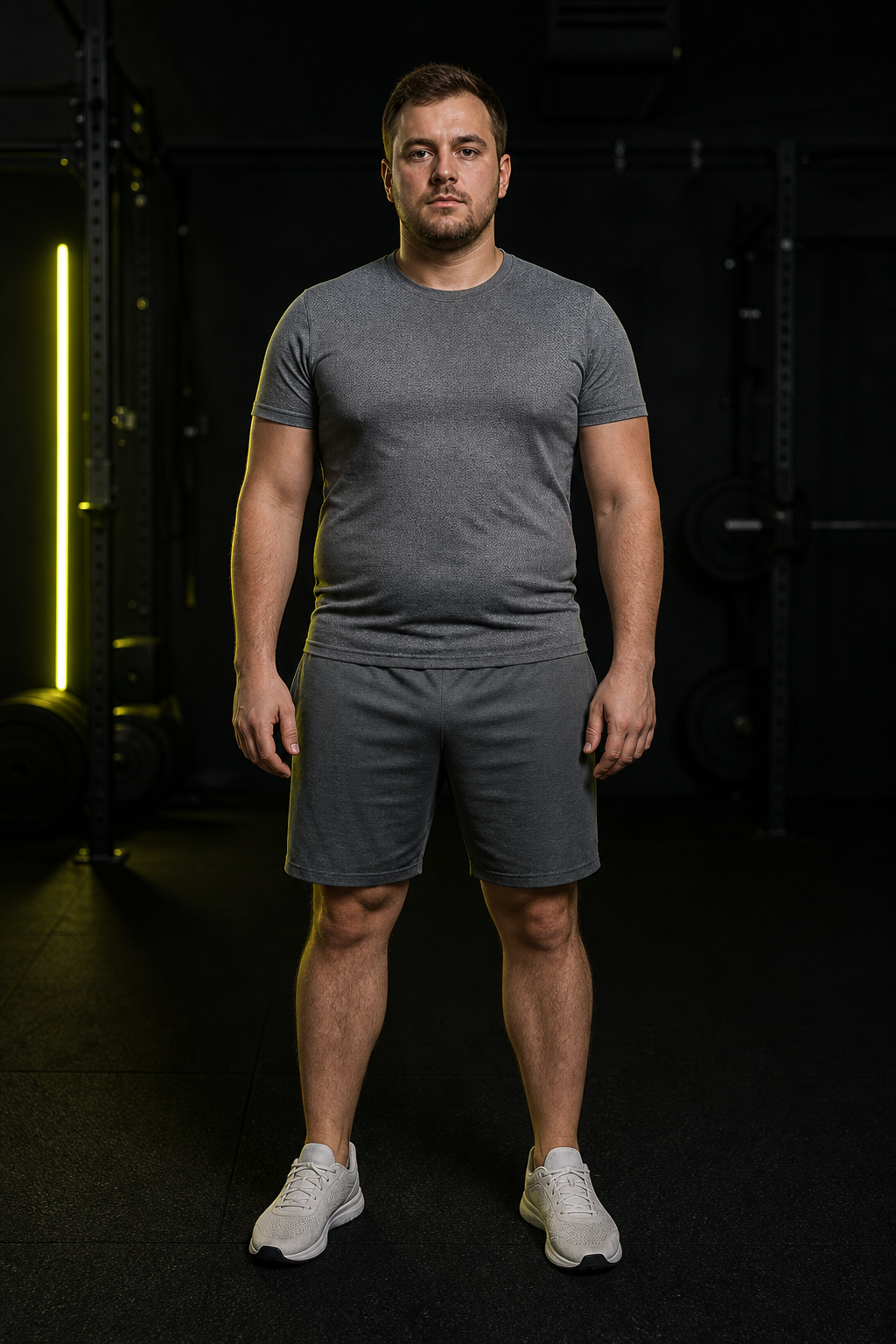 Before photo of male client, softer physique, standing in gym