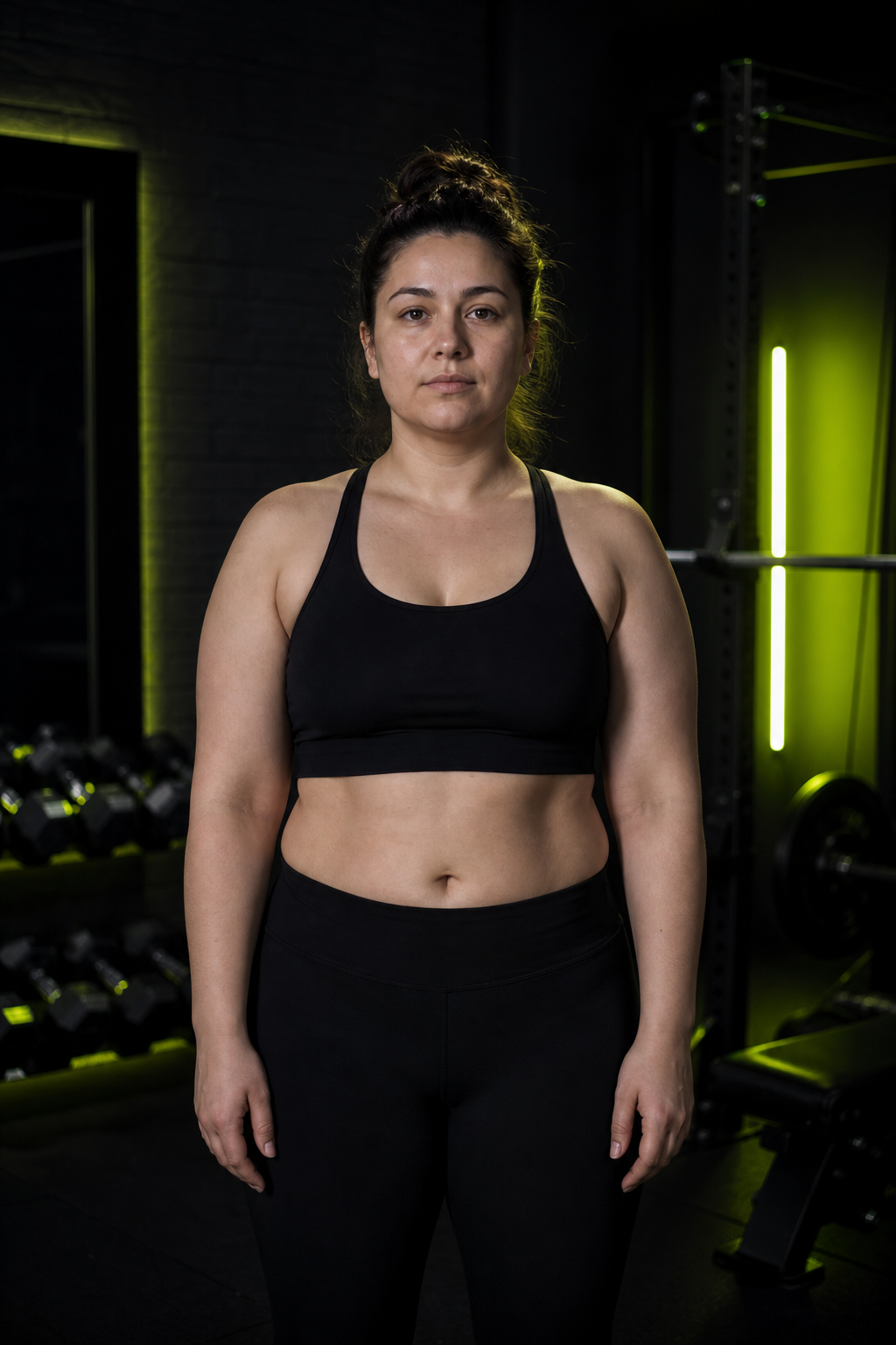 Before photo of female client with less muscle tone, standing in gym