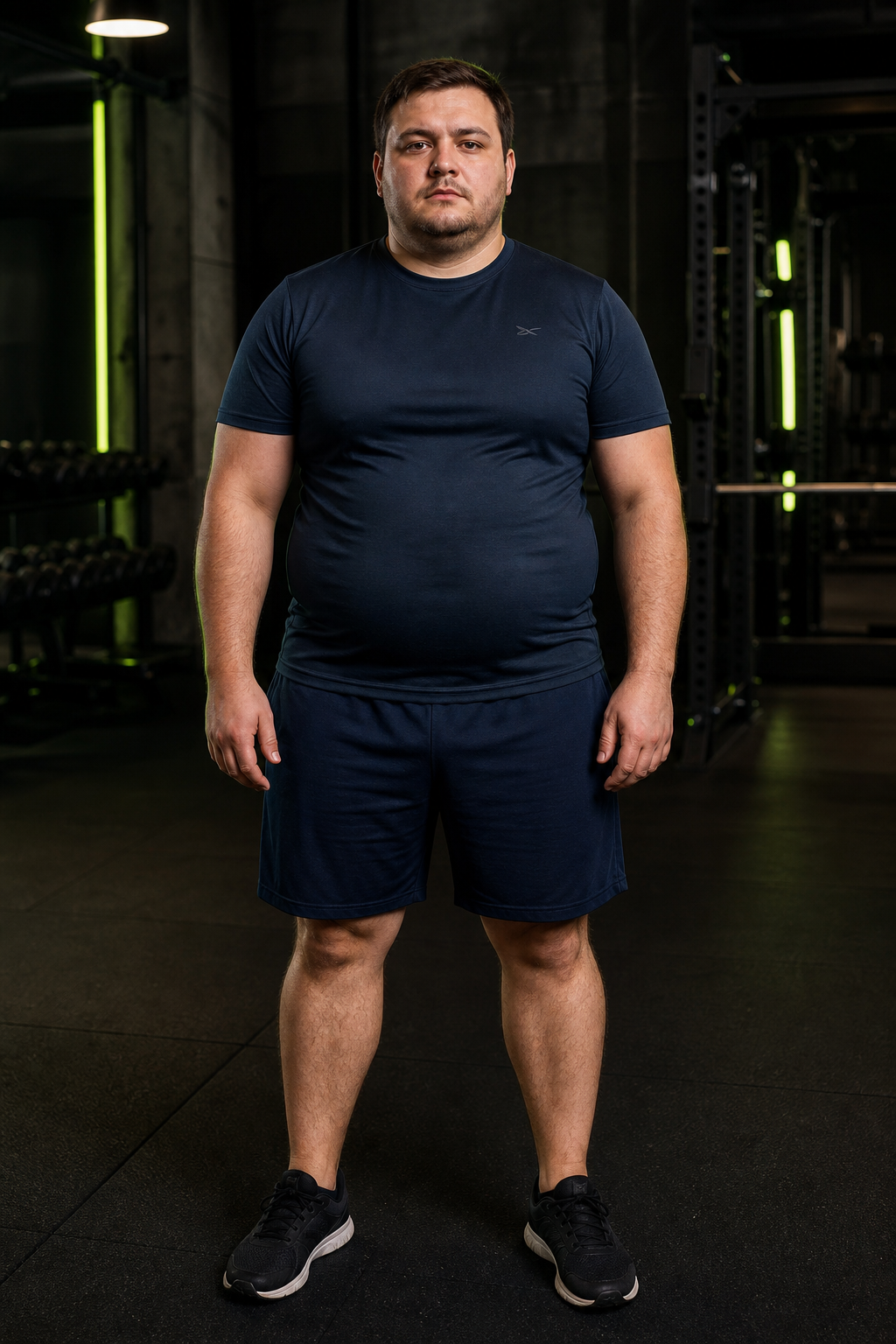 Before photo of heavier-set male client, standing with slouched posture