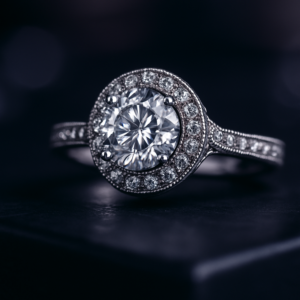 Close-up of a lab-grown diamond ring with intricate craftsmanship