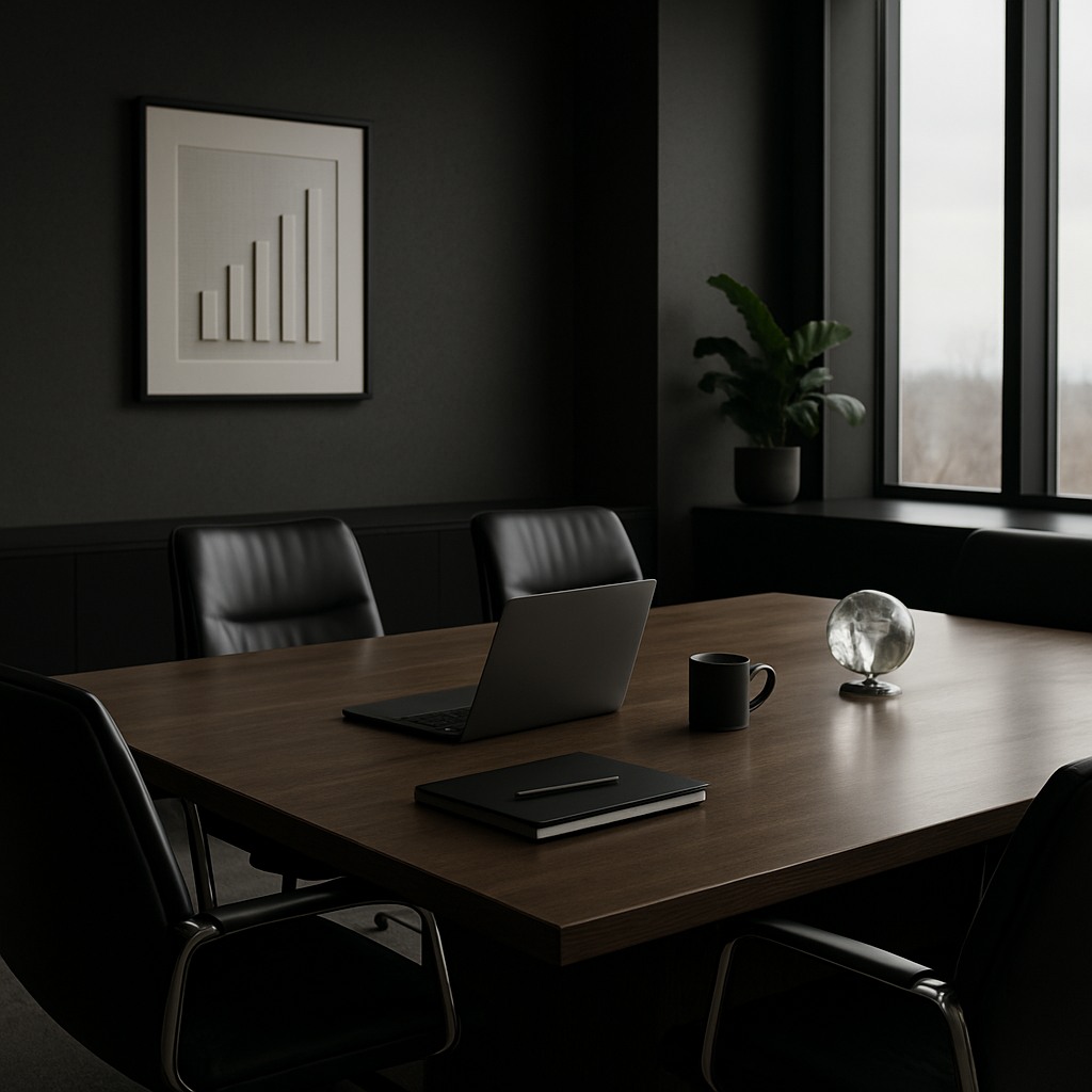 Professional consultant reviewing strategy notes with a laptop and printed reports on a clean desk