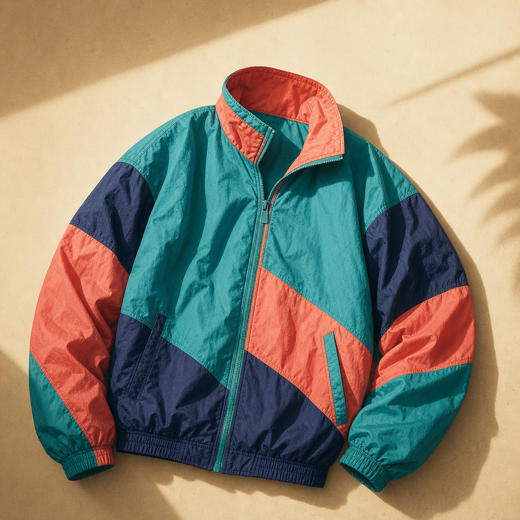 80s color-block graphic windbreaker in teal, coral, and navy with a high collar