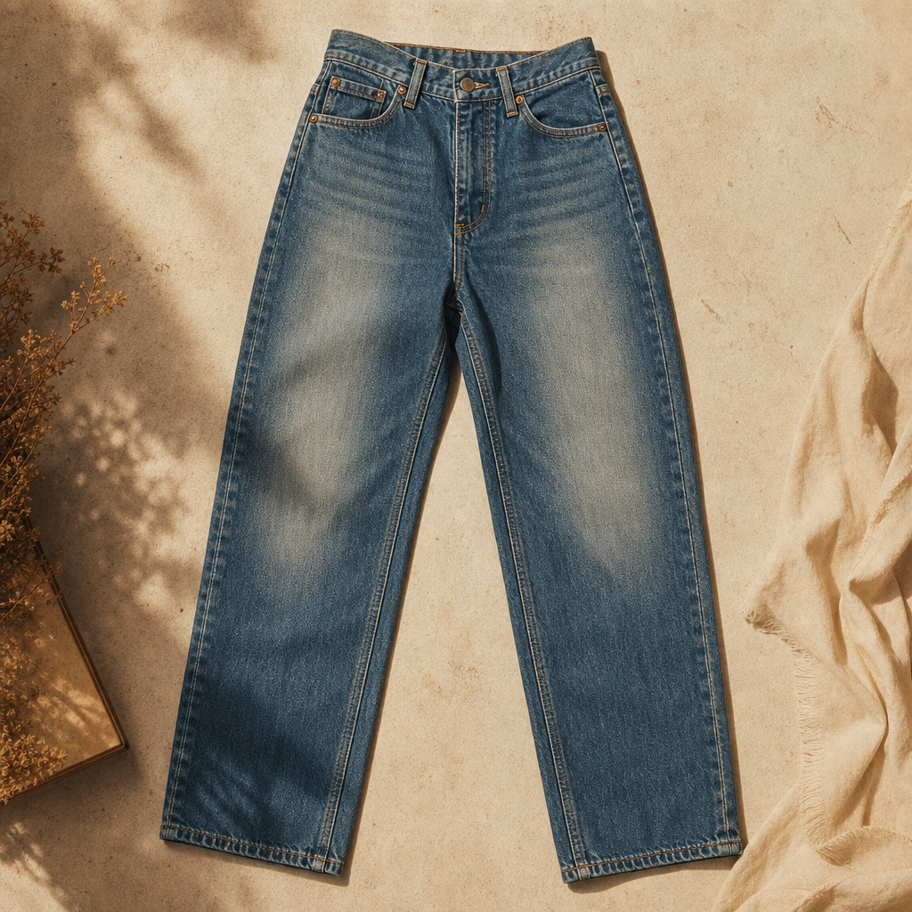 High-waist vintage denim jeans in medium wash with straight legs and subtle fading