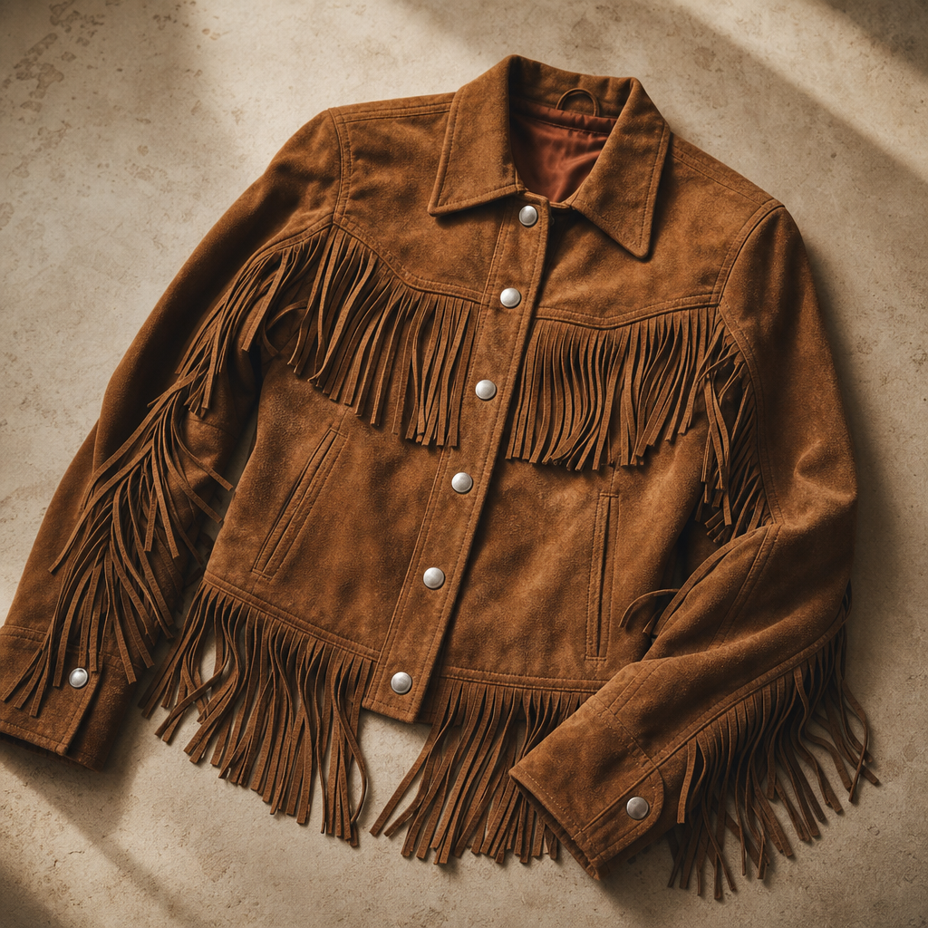 70s tobacco-brown suede fringe jacket with long tassels and silver snaps, laid flat
