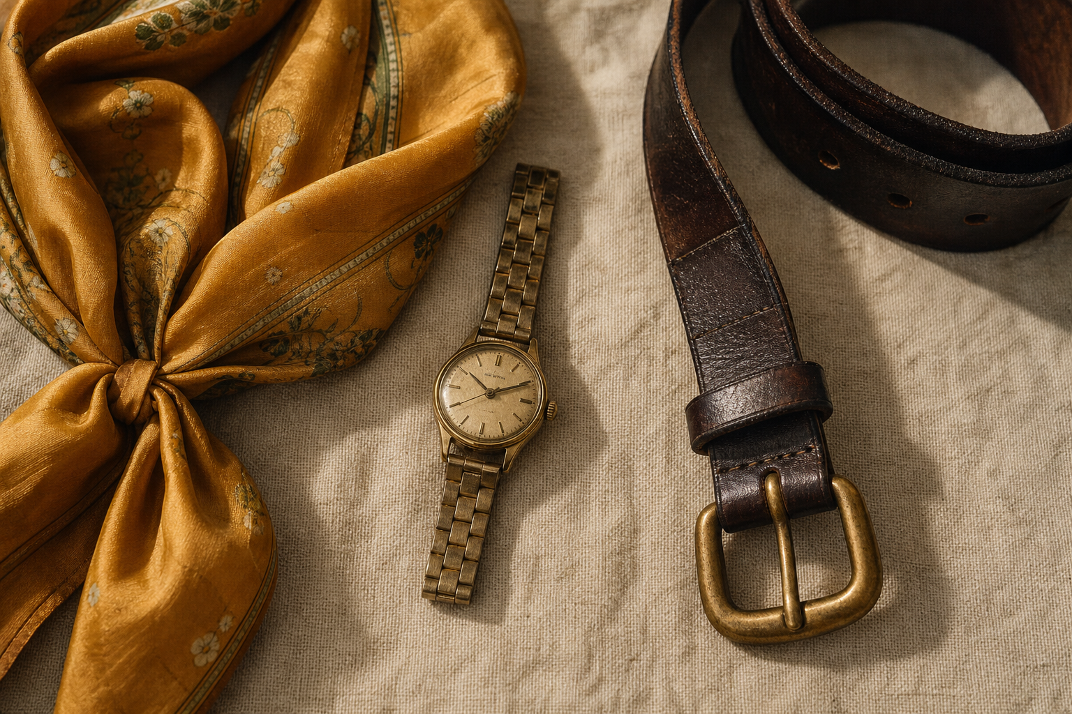 Flatlay of retro silk scarf, brass watch, and leather belt on a textured linen surface
