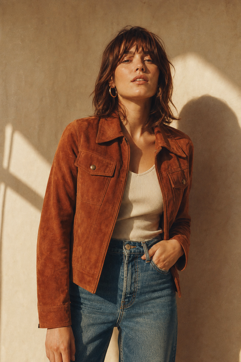 Editorial portrait of a woman in a rust suede jacket and high-waisted denim against a sunlit studio backdrop