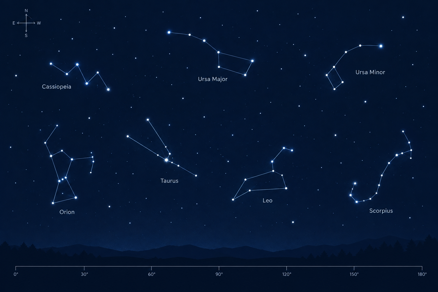 Illustrated constellation diagram with labeled stars and thin connecting lines