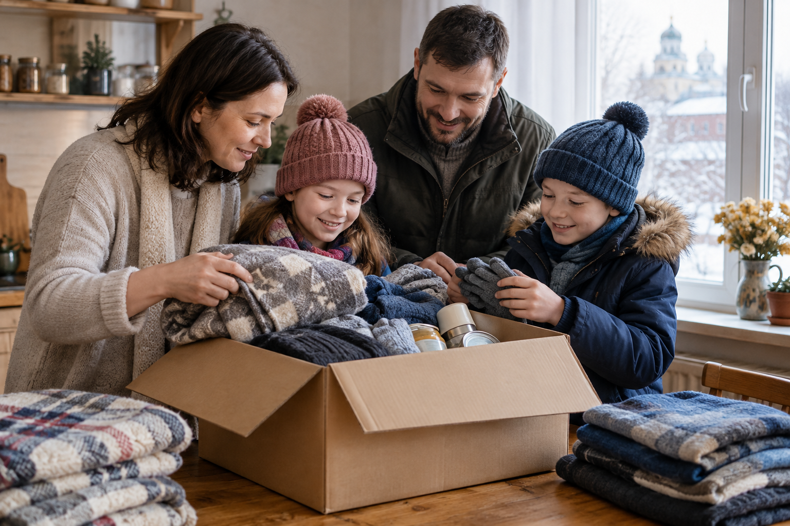 The Kovalchuk family, two parents and two children in bright winter coats, unpacking a relief box together at a wooden kitchen table in Chernihiv.