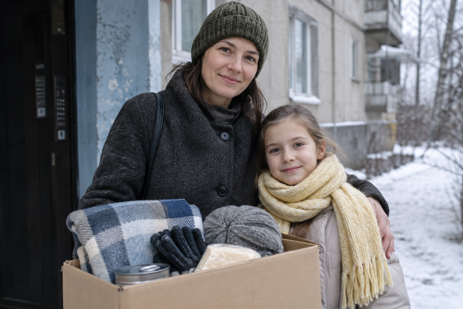 Olena, a woman in a moss-green knit hat and charcoal coat, standing with her young daughter near a winter supply box at their Kharkiv apartment entrance.