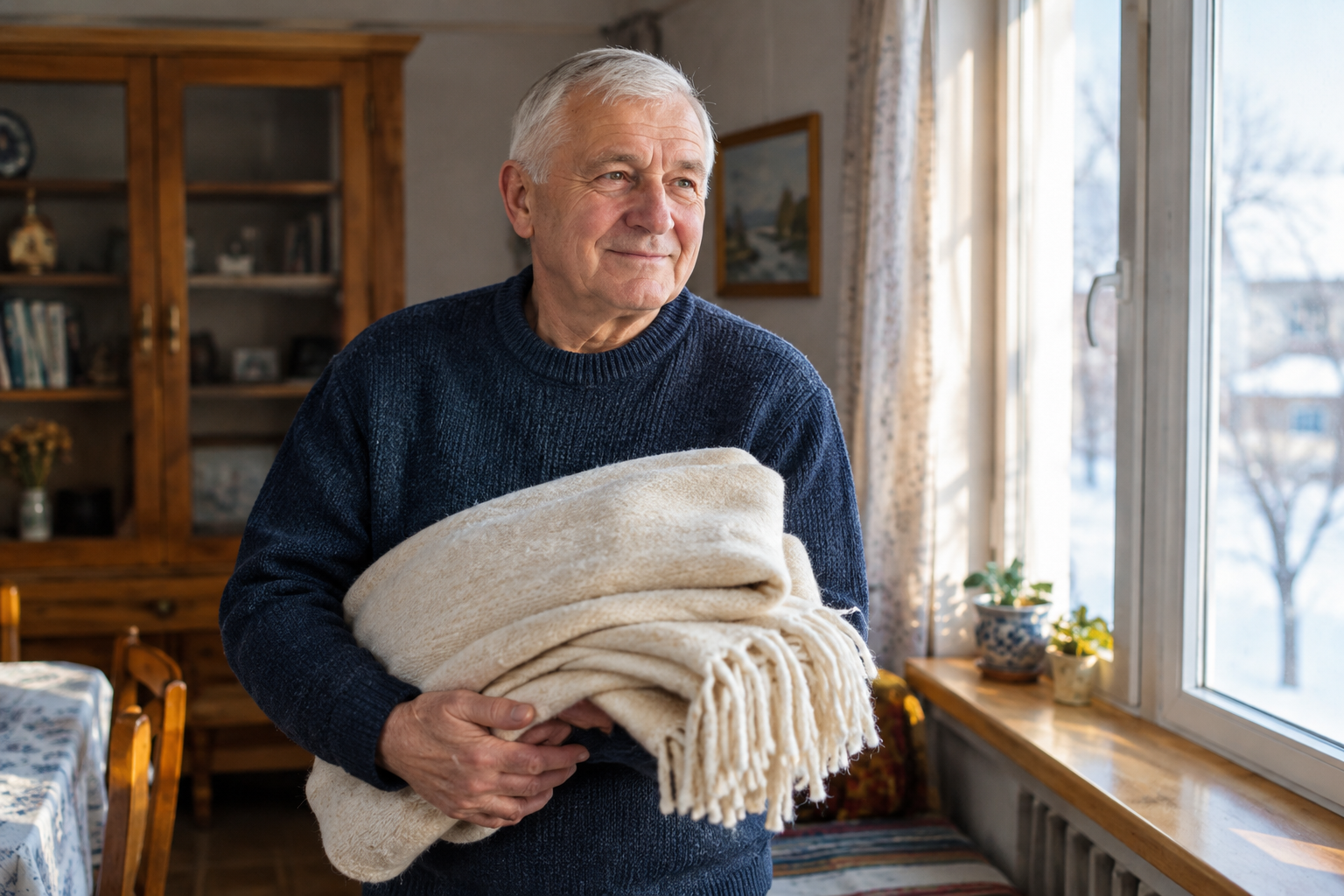 Serhii, an older man with silver hair in a navy wool sweater, carrying a folded cream blanket beside a sunlit window in his Sumy home.