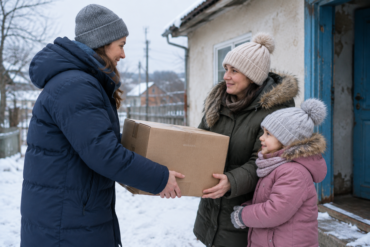 A volunteer in a warm coat handing a winter aid box to a Ukrainian family outside their home