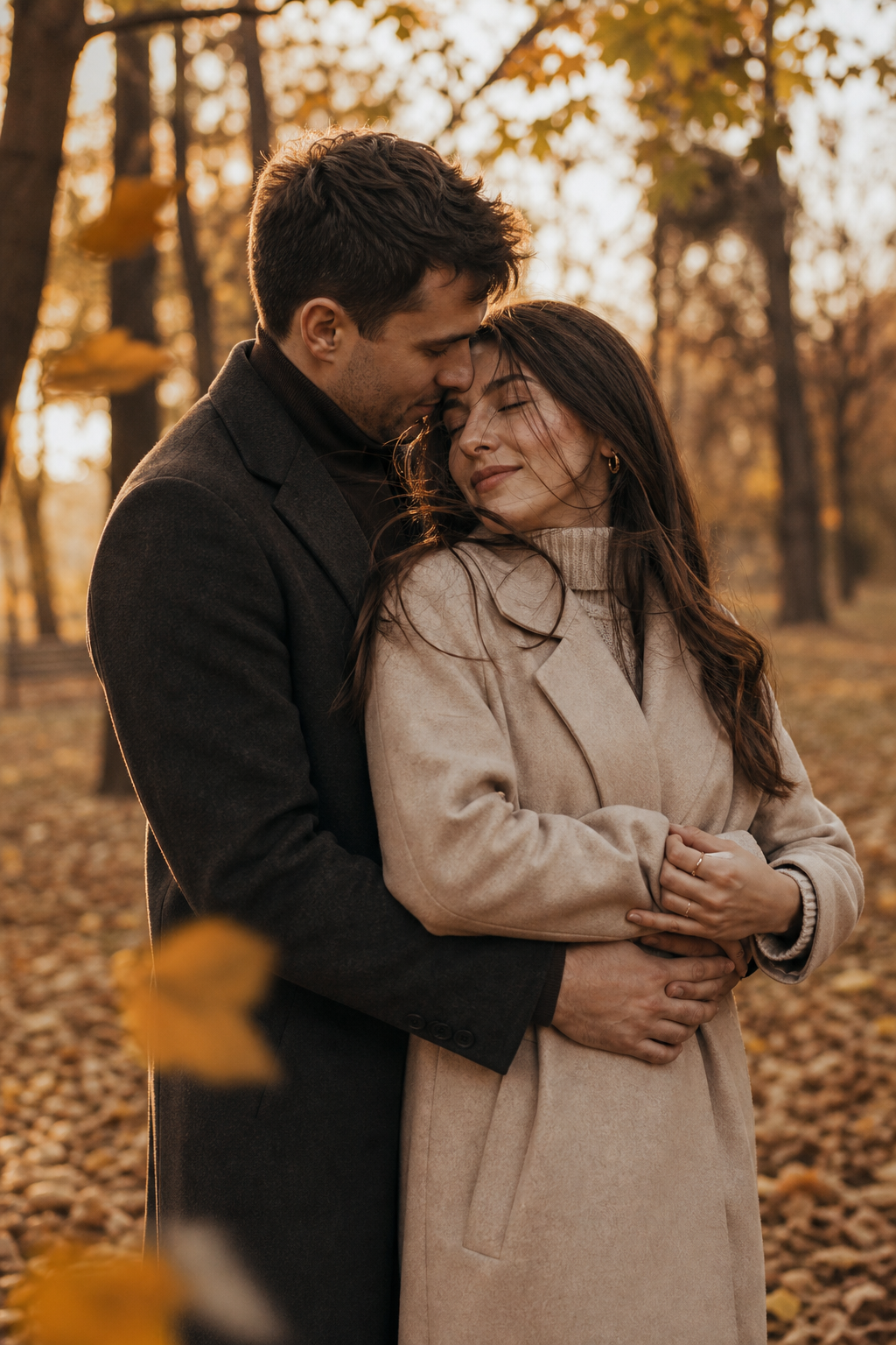 Couple embracing tenderly in an autumn park bathed in soft golden light