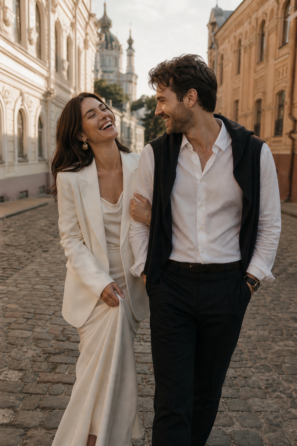 Couple laughing together while walking down an old cobblestone street in Kyiv