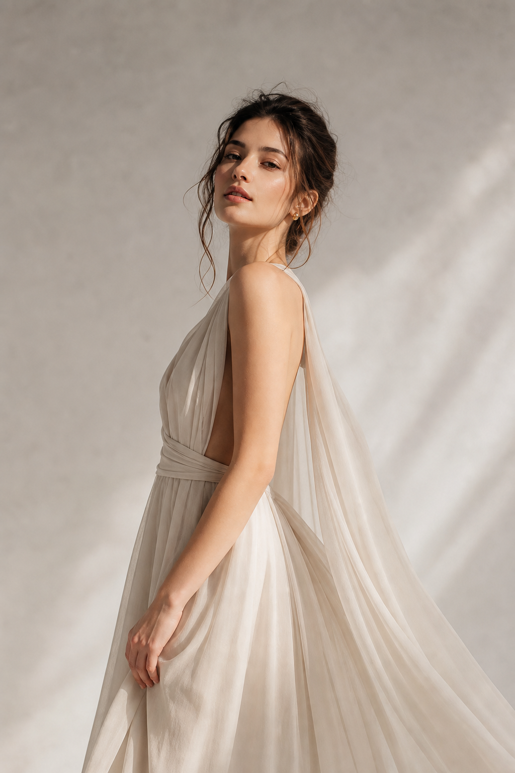 Editorial fashion portrait of a woman in a flowing dress against a minimalist studio backdrop