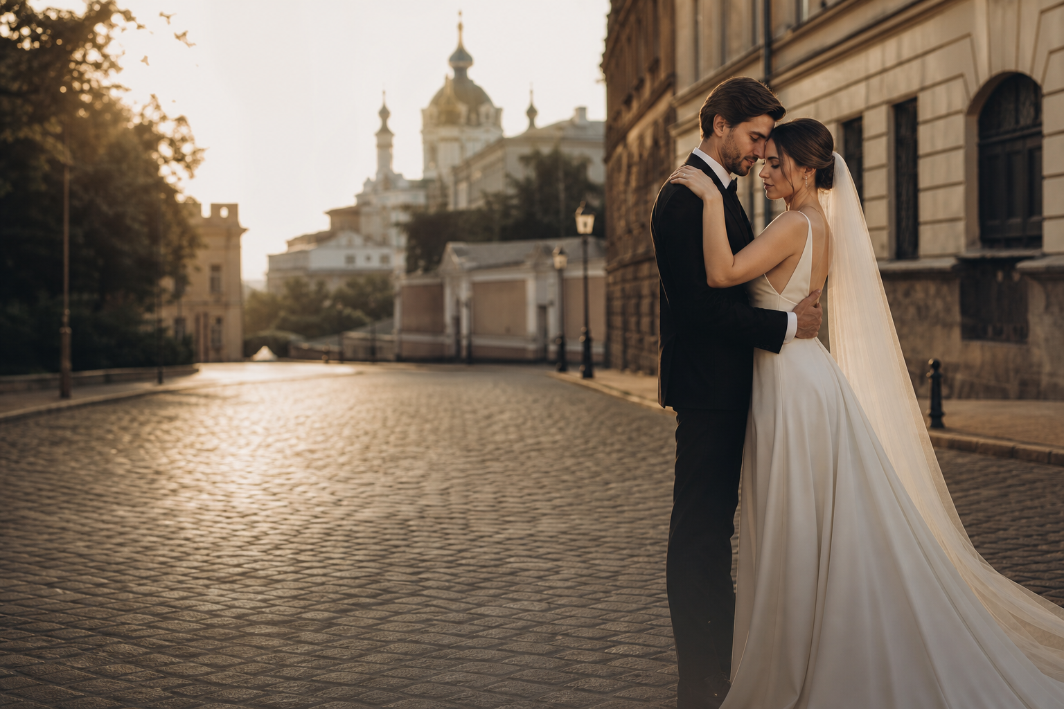 Bride and groom embracing softly at golden hour on a quiet Kyiv street, cinematic editorial wedding photography