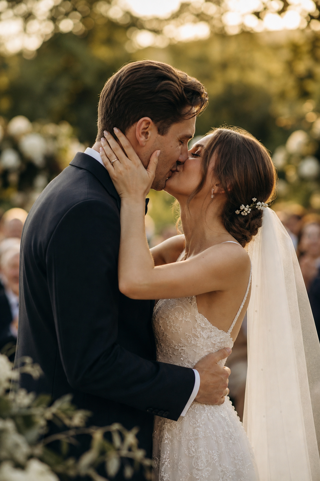 Bride and groom sharing a kiss during an outdoor wedding ceremony at golden hour