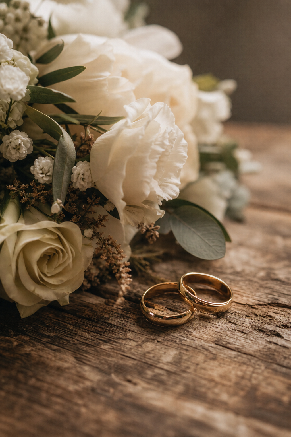 Close-up of wedding rings resting beside a bouquet on a rustic wooden table