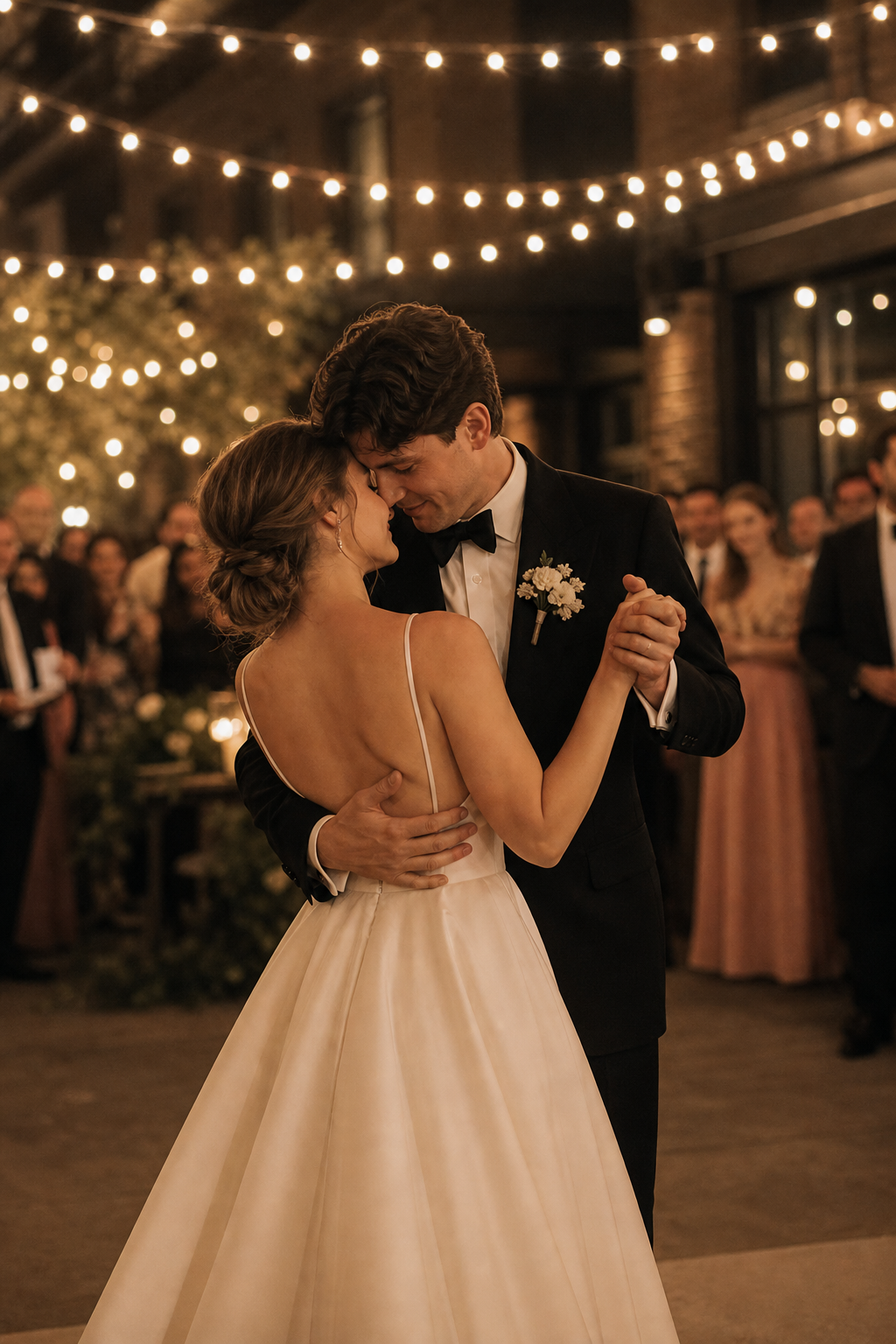 Newlyweds sharing their first dance at a reception under warm string lights