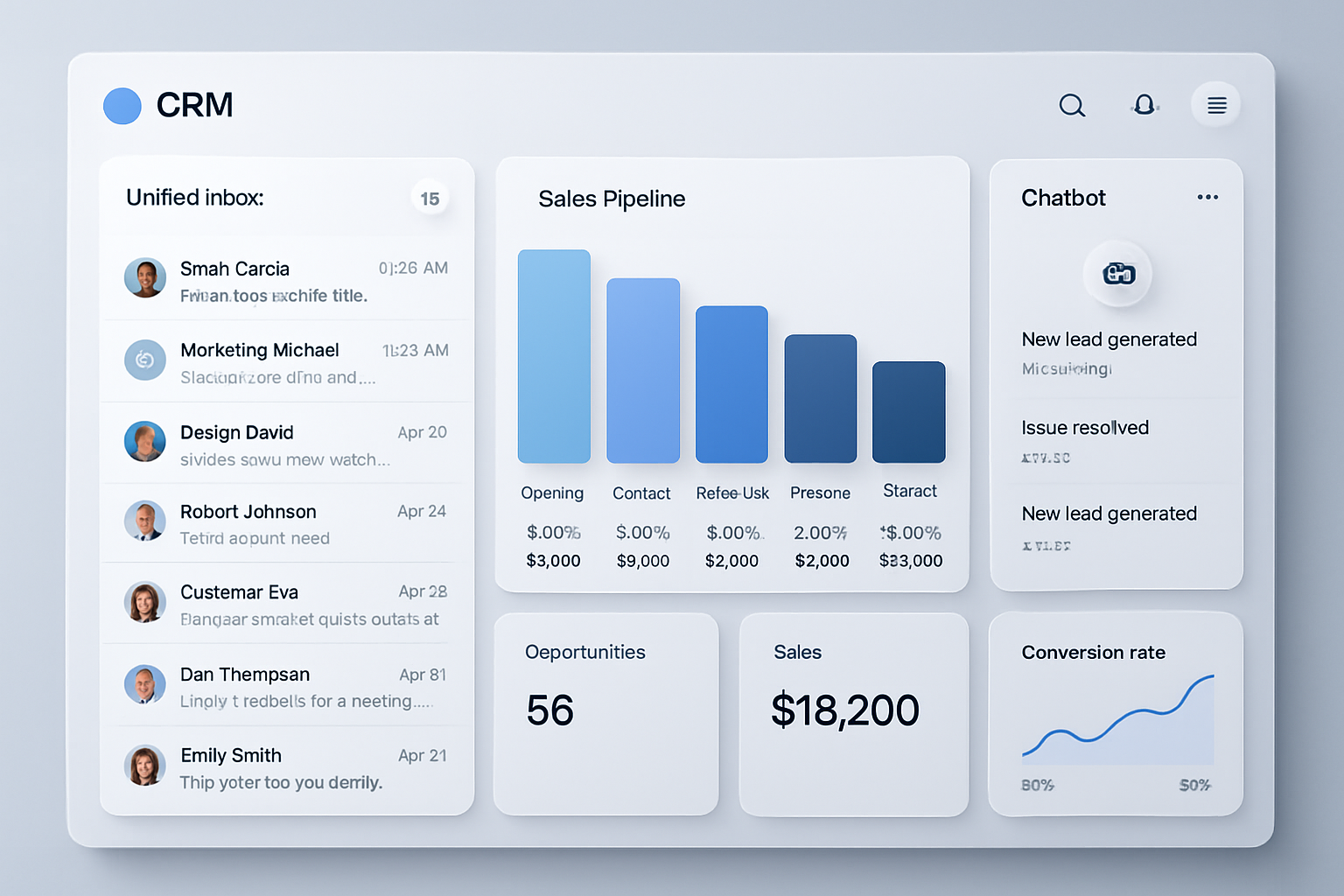 Dashboard CRM con paneles de mensajes, pipeline, chatbot y métricas