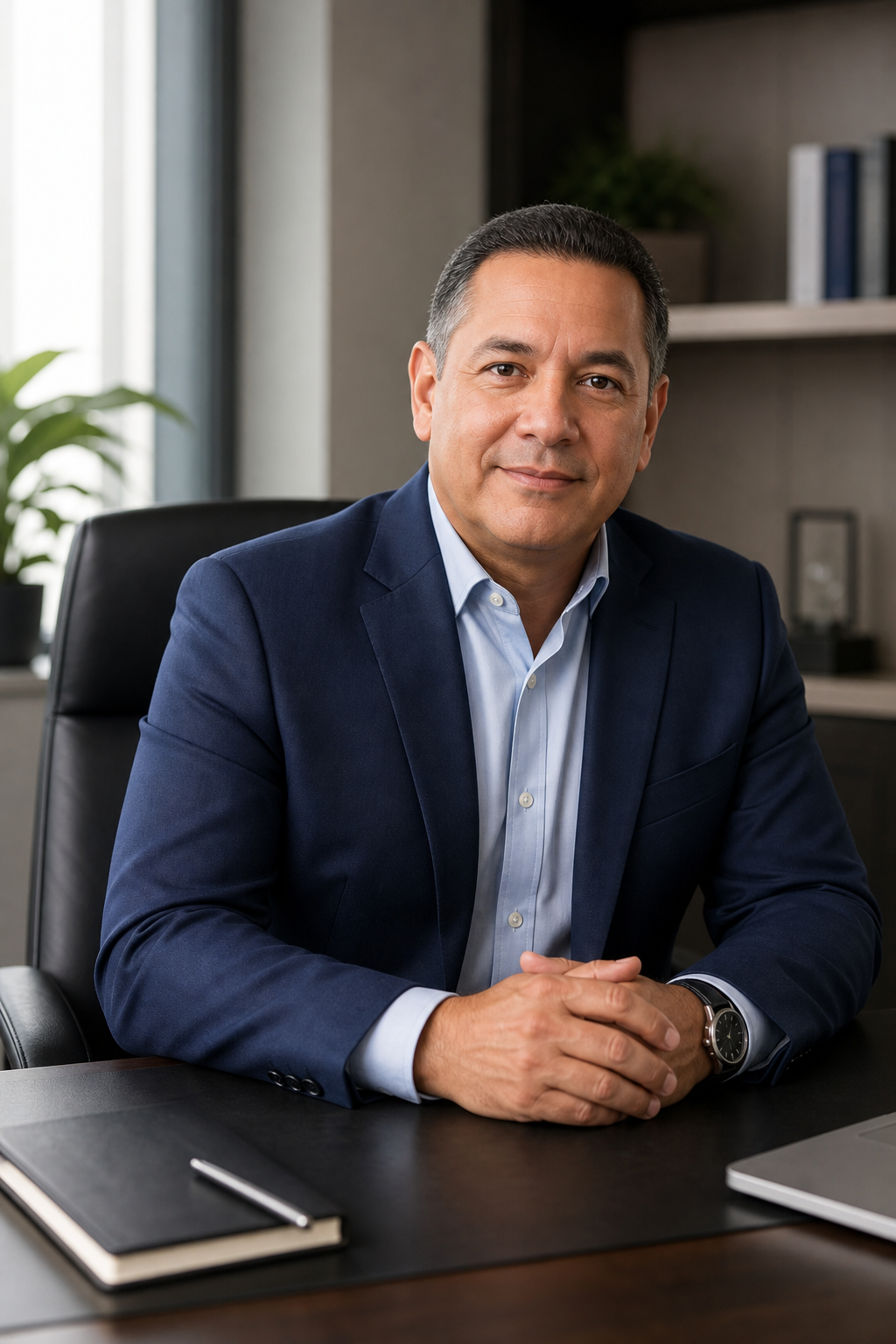 Richard Reyes en retrato editorial profesional, con vestimenta ejecutiva y expresión cercana, representando asesoría de seguros confiable en Venezuela