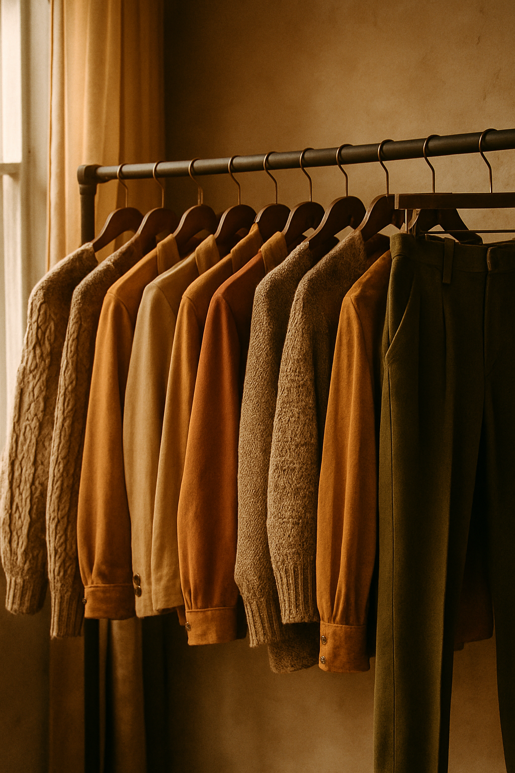 Warm film photograph of a vintage boutique clothing rack with 70s and 80s garments, earth-toned fabrics, and soft window light