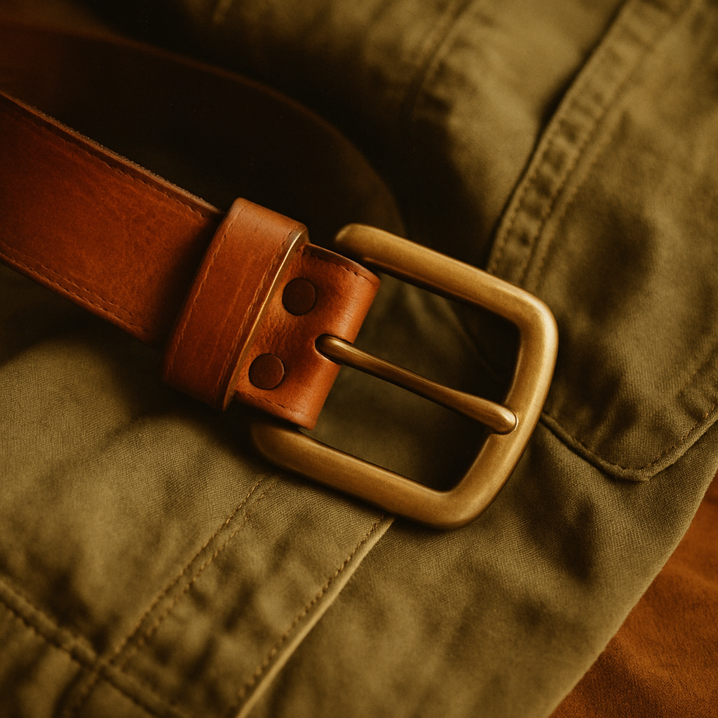 Close-up film-style photo of a caramel leather belt and brass buckle laid on a faded olive jacket