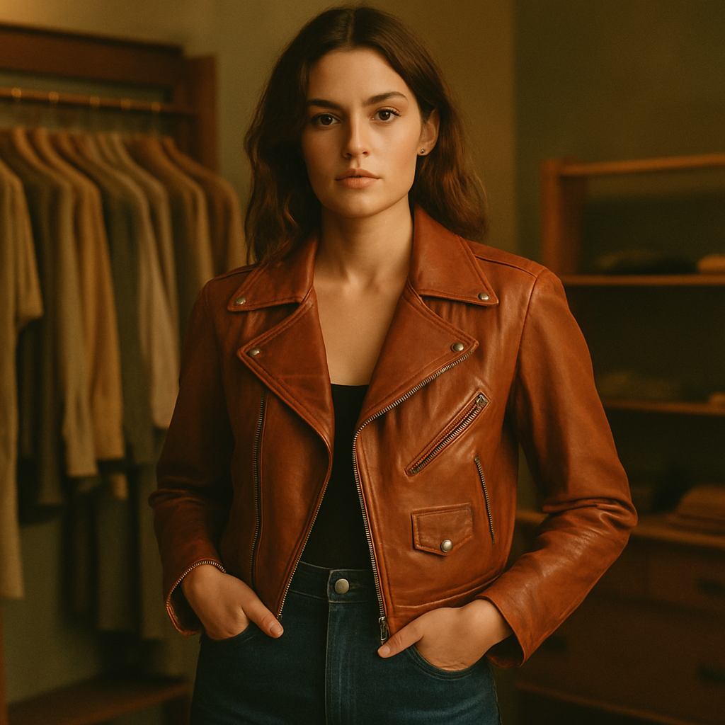 Warm film-style portrait of a woman in a rust leather jacket and high-waisted denim against a softly lit boutique backdrop