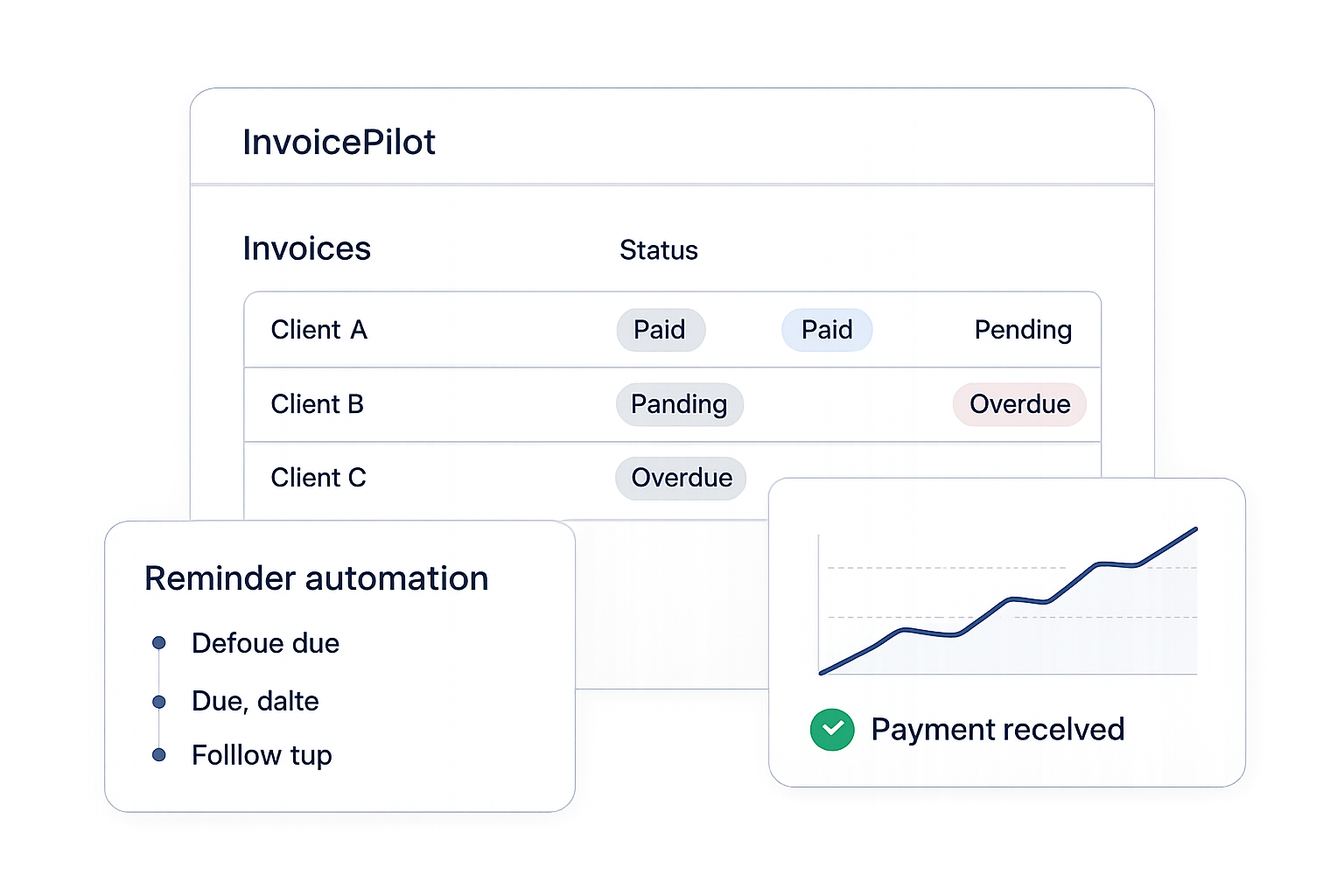 Illustrative InvoicePilot dashboard with paid and overdue invoice statuses, an automated reminder sequence, and an upward collection trend.