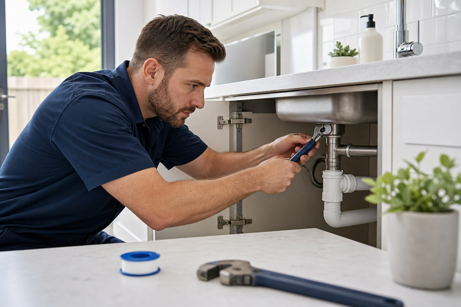 Professional plumber tightening a kitchen sink pipe with tools laid out on a clean countertop