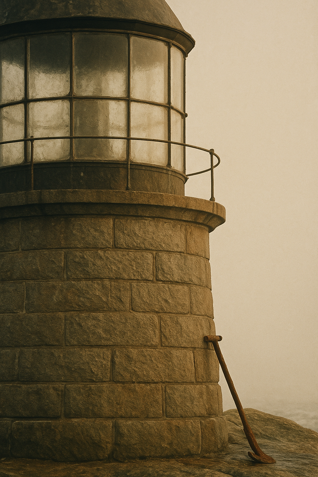 Close documentary view of a weathered stone lighthouse wall beside lantern room glass and rusted shoreline equipment in warm film-like light