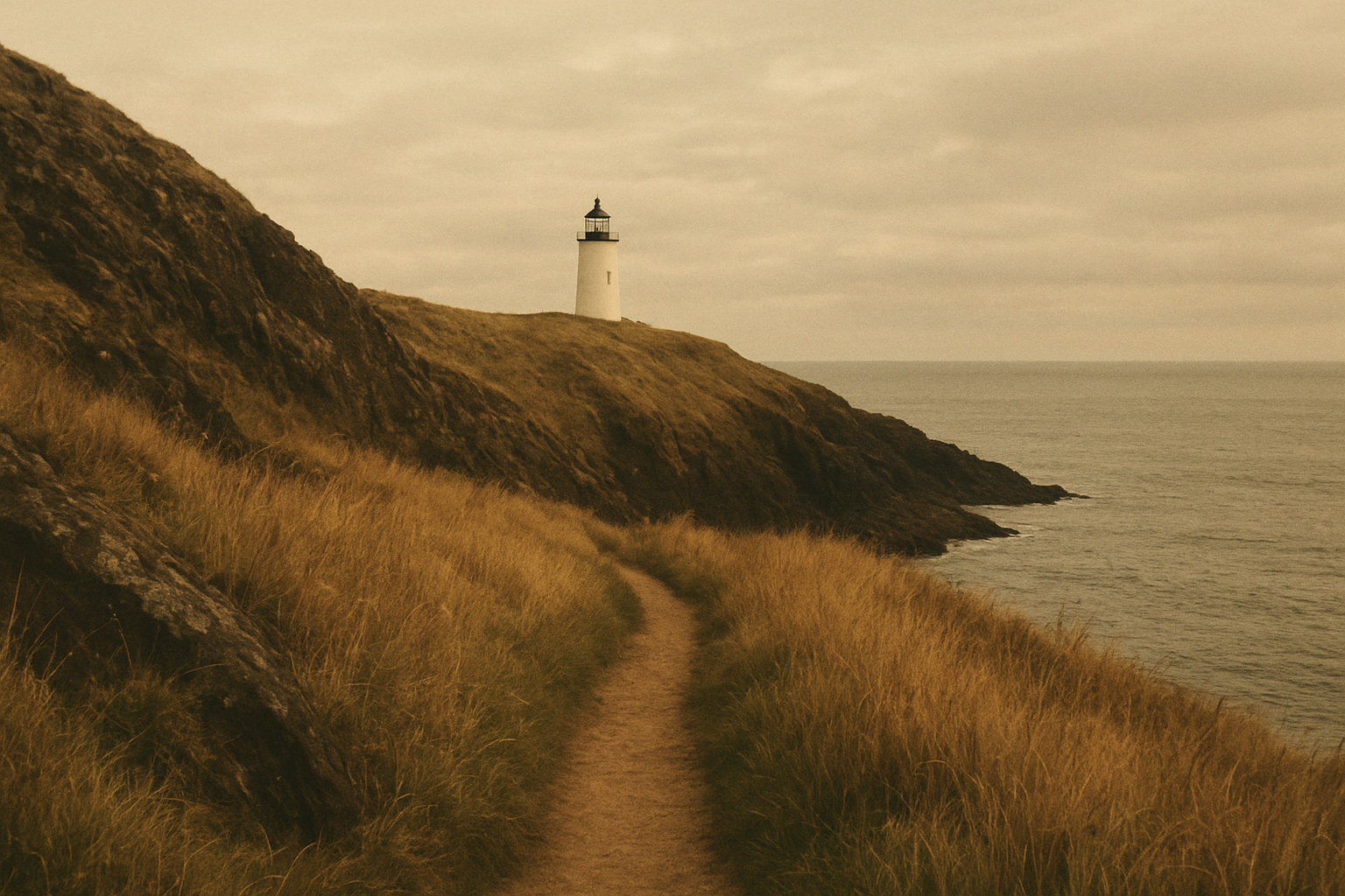 Narrow cliff path leading toward a distant white coastal lighthouse