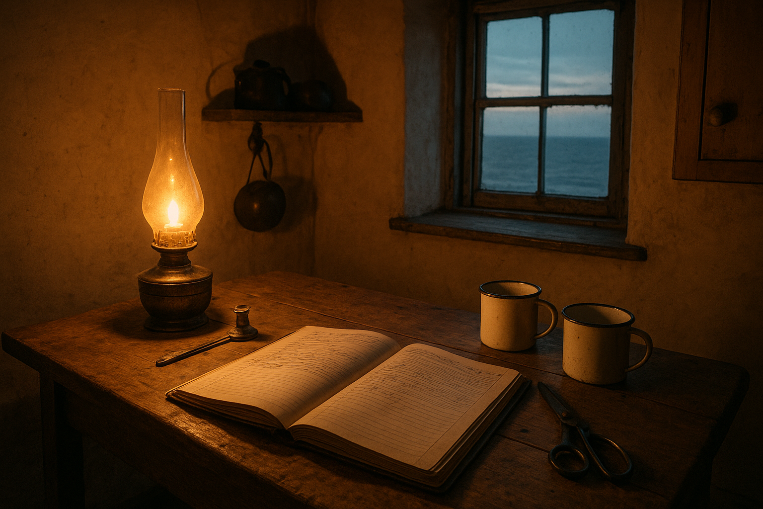 Archival environment shot of a compact lighthouse kitchen with logbook, enamel mugs, oil lamp tools, and a sea-facing window at dusk