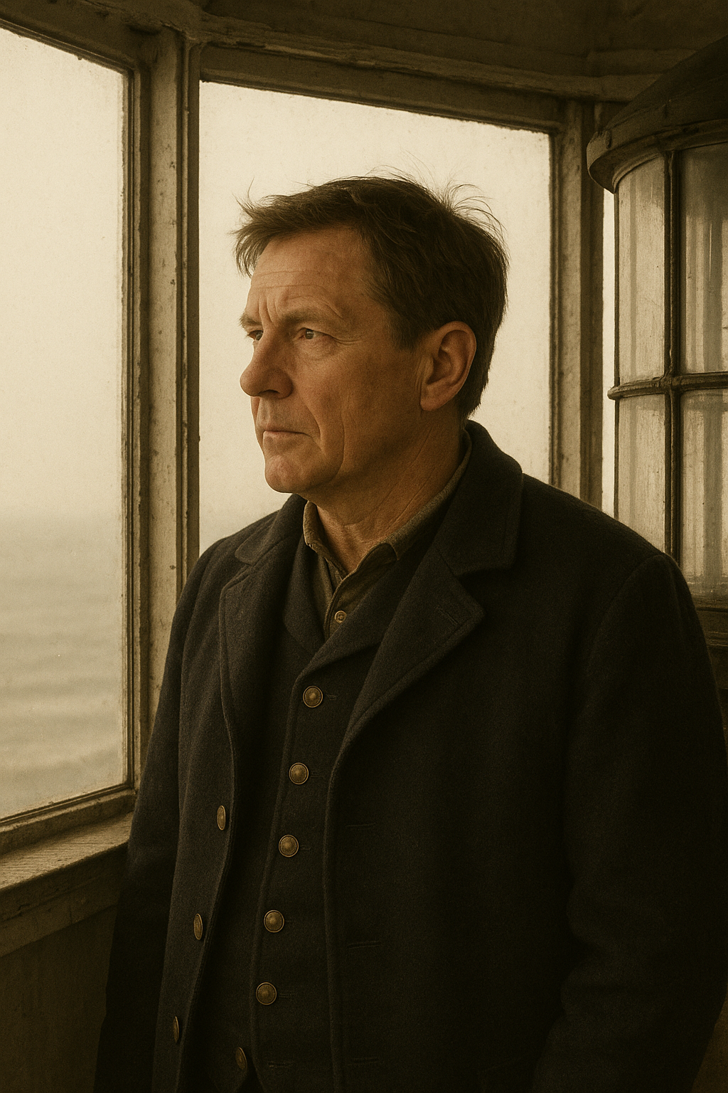 Archival portrait of a middle-aged lighthouse keeper in a dark wool coat standing near a lantern room window with soft coastal light