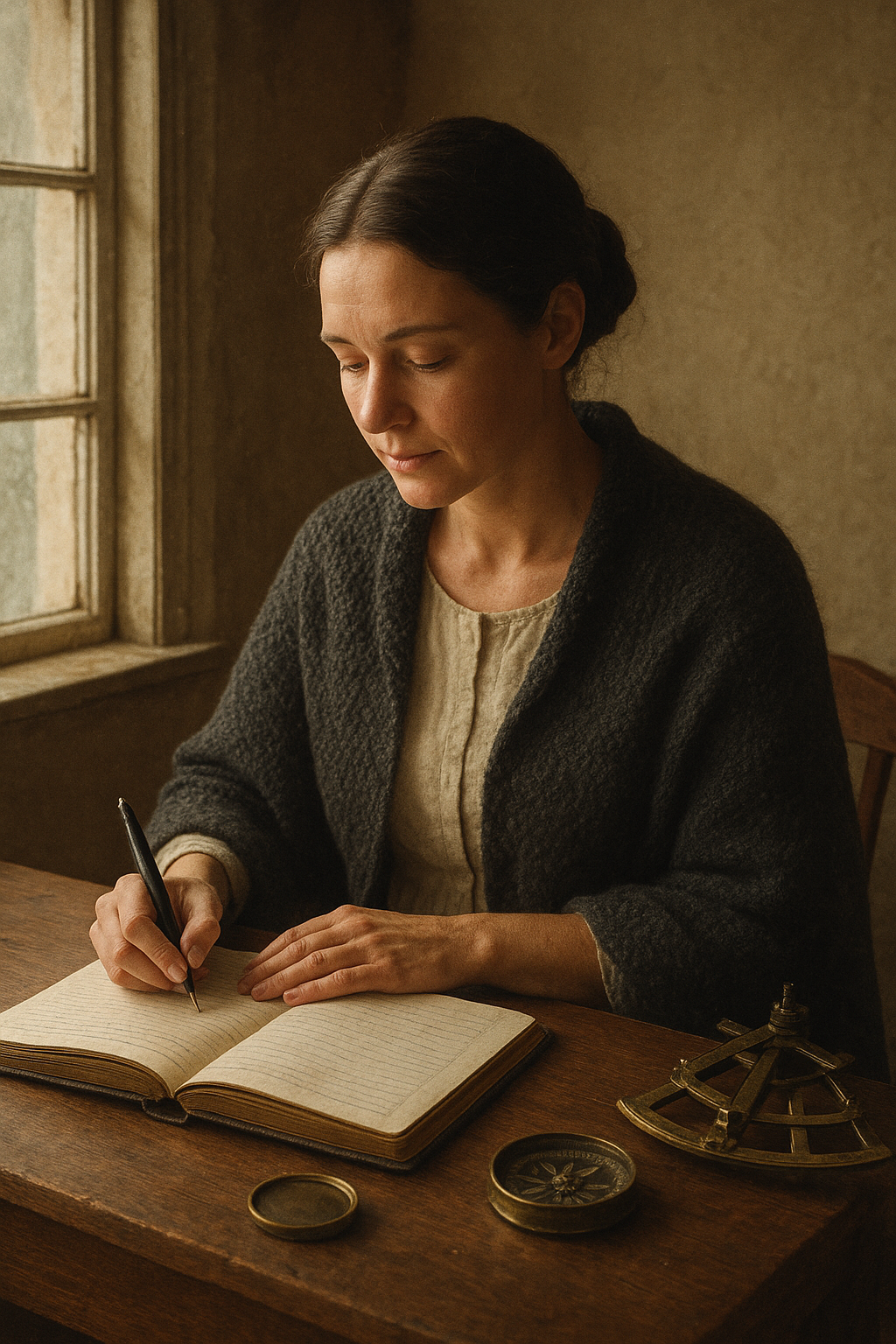 Documentary-style image of a woman keeper in a heavy knit shawl recording observations at a wooden desk inside a lighthouse quarters