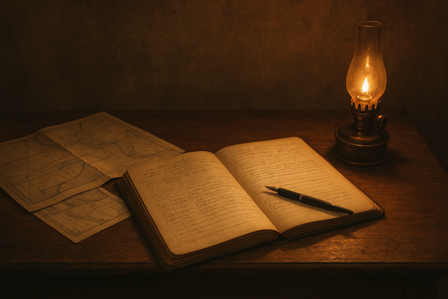 Small keeper's desk with logbook, oil lamp, and folded charts