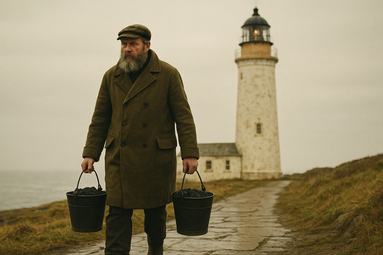 Historic coastal scene with a lone keeper carrying coal buckets along a stone path beside a weathered lighthouse during overcast weather