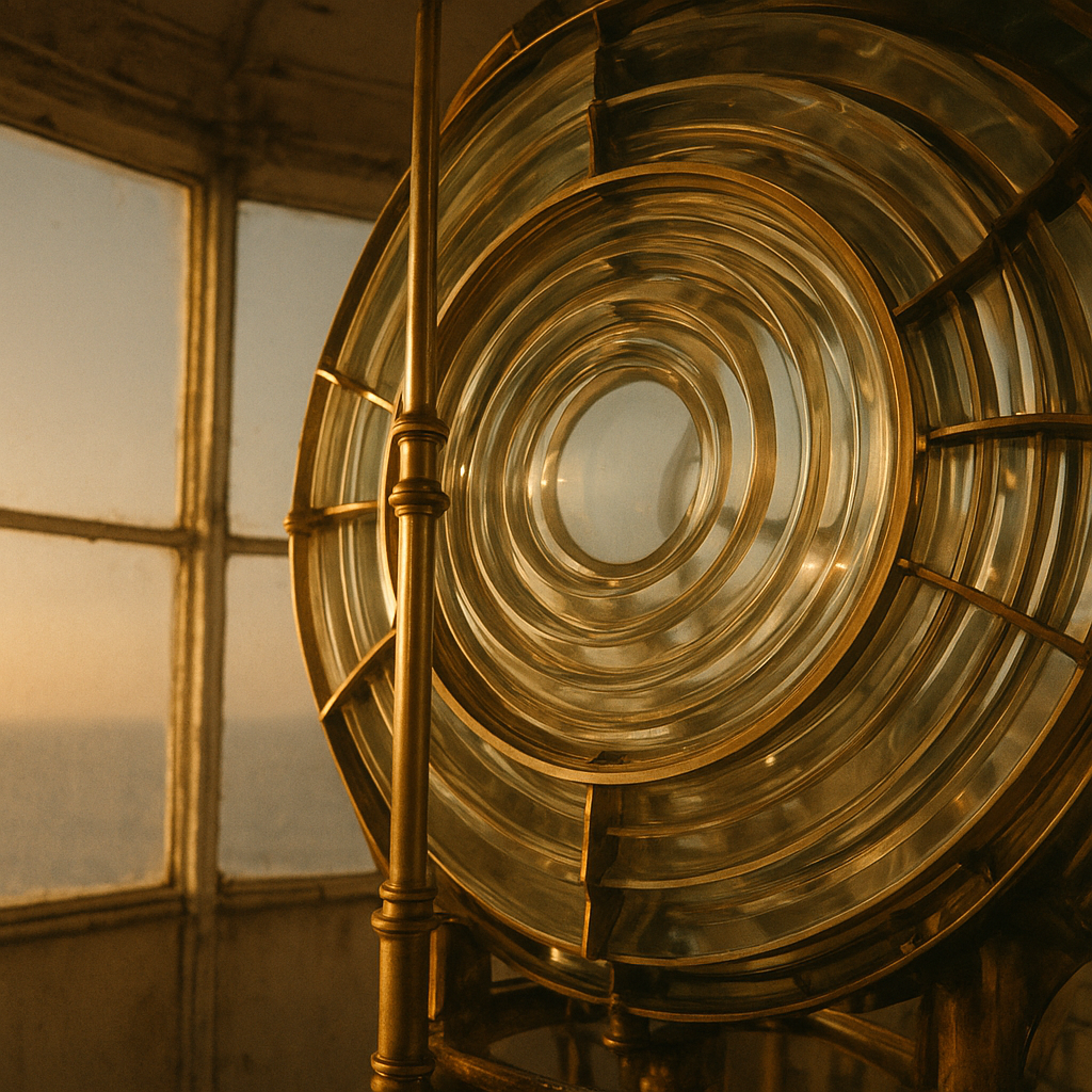 Close view of polished Fresnel lens prisms inside a lantern room