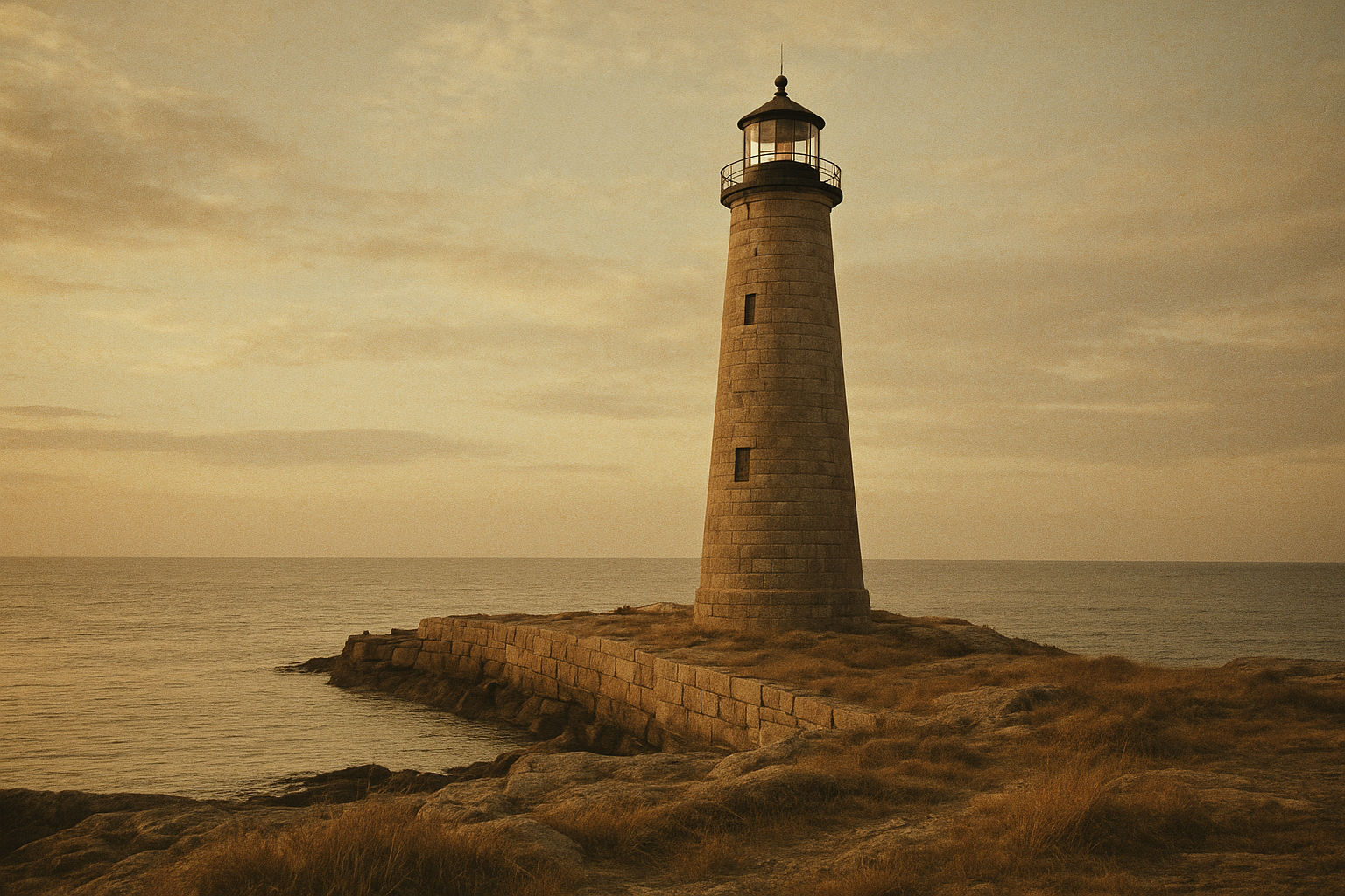 Tall granite lighthouse on a wind-worn harbor point at late afternoon