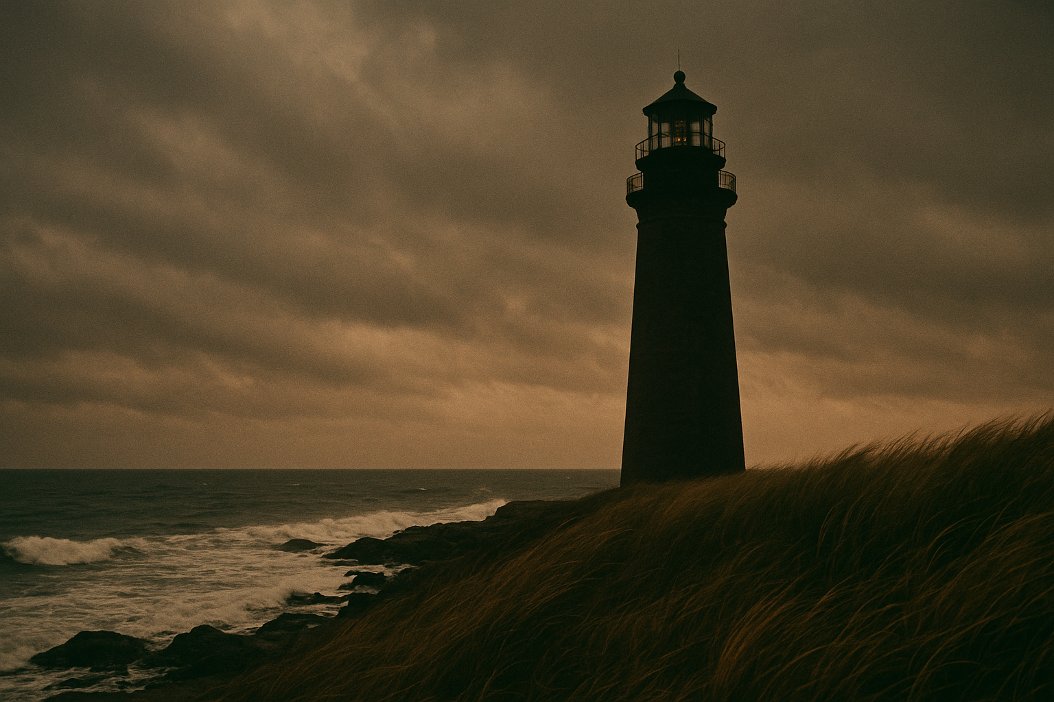 Historic lighthouse on the northern coast at dusk with windswept grass and surf under moody clouds