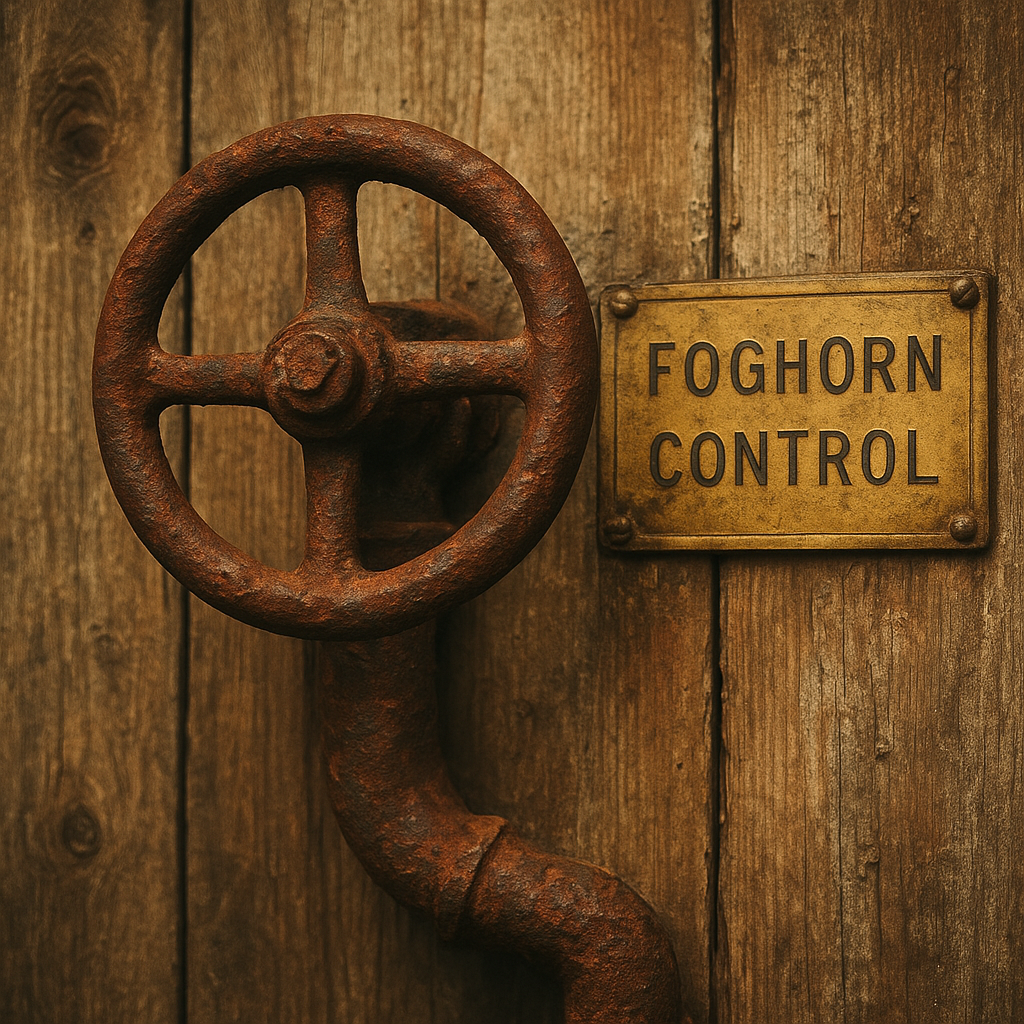 Corroded iron foghorn valve and signal controls mounted on timber