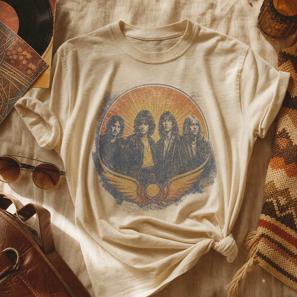 Cream vintage band tee with a sun-bleached graphic and rolled sleeves