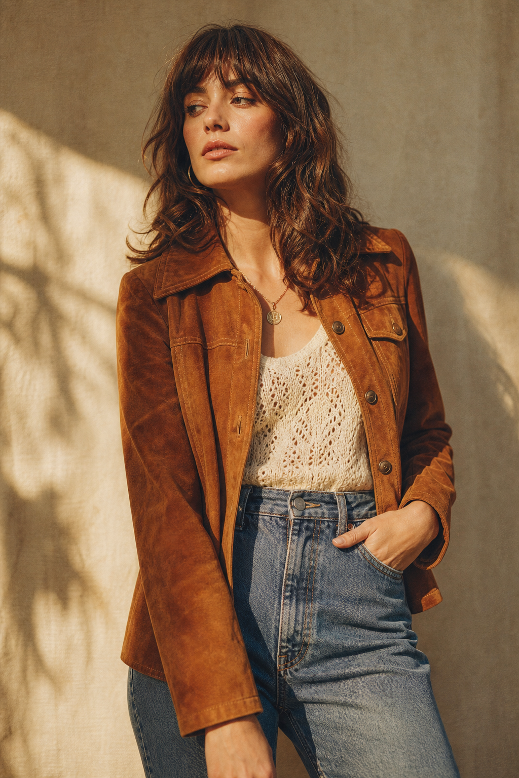 Warm film-style portrait of a young adult in a vintage 70s suede jacket and high-waisted denim, standing in soft golden light